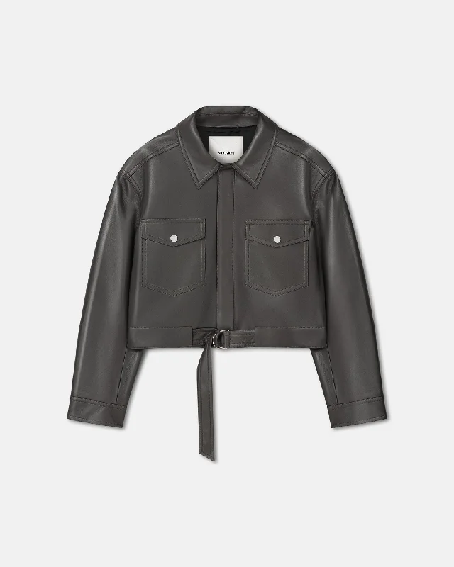 Amazing design Zaria - Cropped Regenerated Leather Jacket - Midnight Green