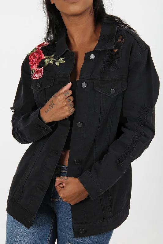 Effortless Dressing Destructed Rose Patch Denim Jacket
