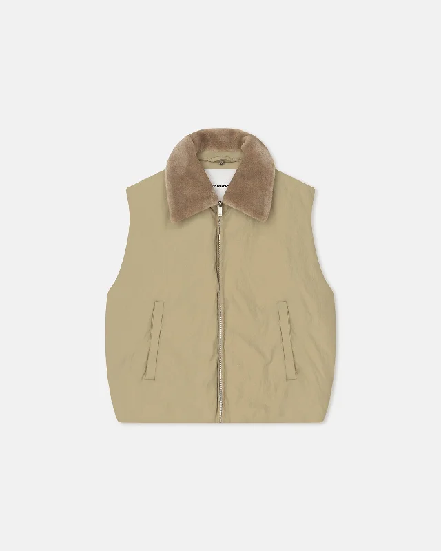 Modern Chic Mexim - Faux Fur and Tech Nylon Vest - Sage/ Beige