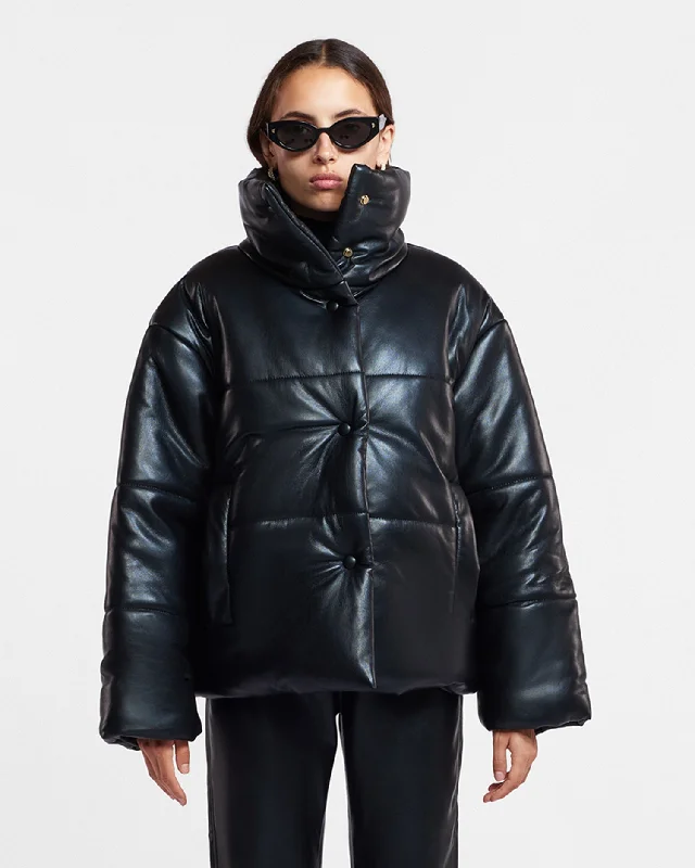 Retro Stripes Hide - Okobor™ Alt-Leather Puffer Jacket - Black