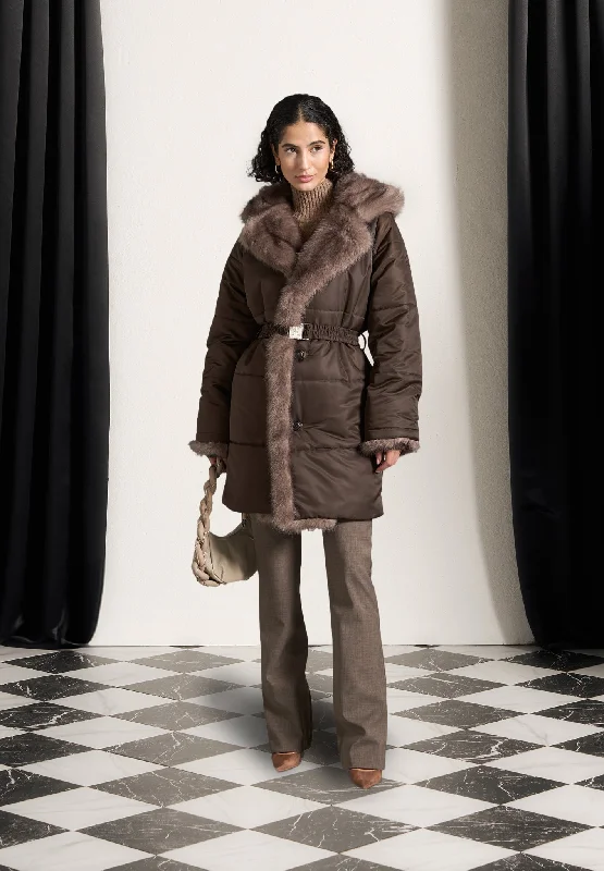 Round neck design Fur Longline Belted Coat - Brown