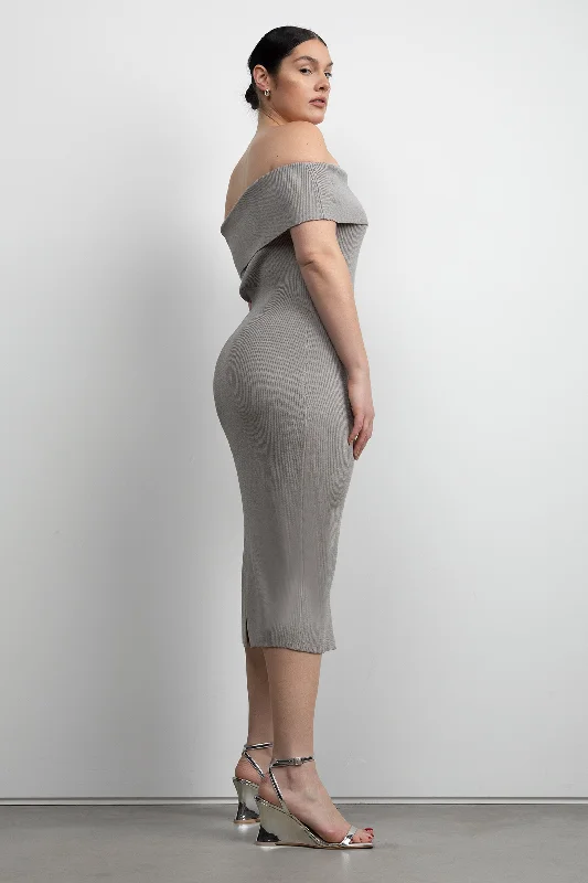Classic Retro RIBBED OFF THE SHOULDER MIDI DRESS