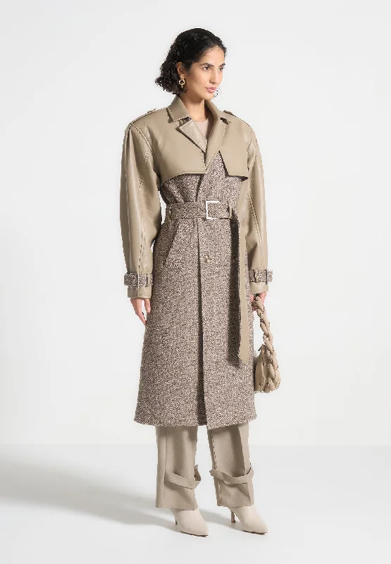 Ultra-lightweight Herringbone Wool & Leather Trench Coat - Taupe