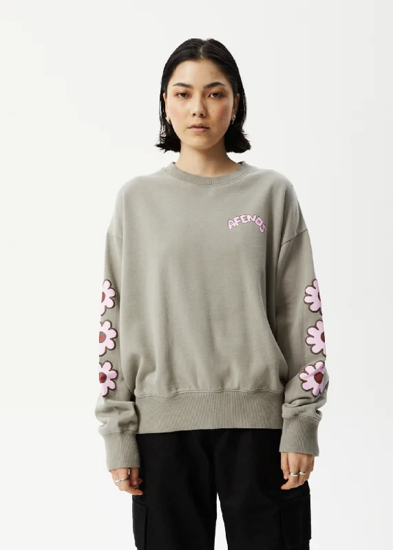 Soft Clothing AFENDS Womens Flower - Crew Neck Jumper - Olive