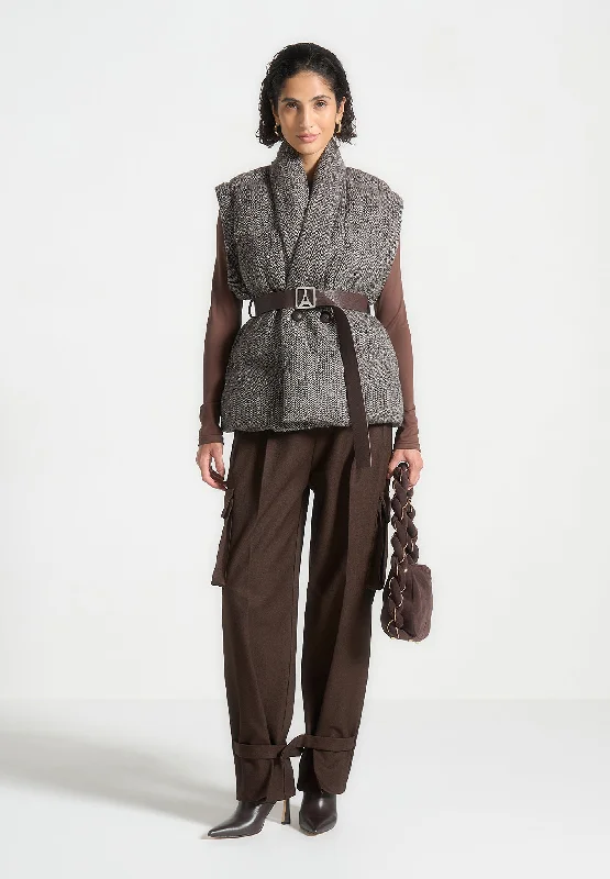 Sports Express Herringbone Wrap Belted Puffer Jacket - Brown