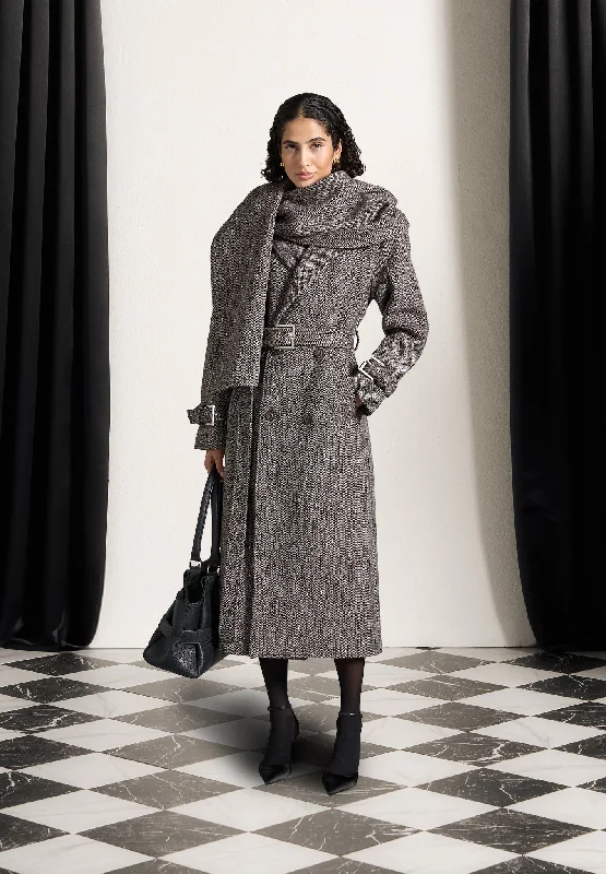 Street Sports Shoes Herringbone Wool Trench Coat with Scarf - Brown