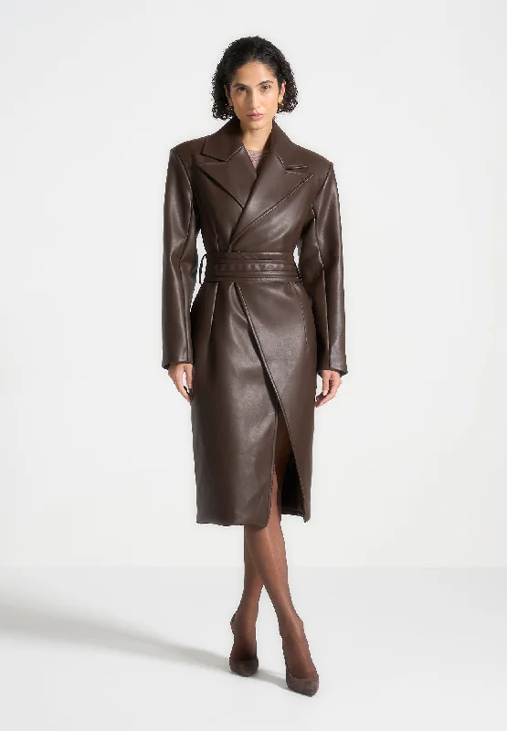 Elegant and noble Leather Asymmetric Belted Coat - Brown