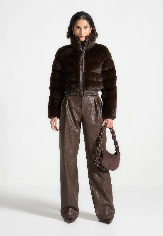 Extra long version Plush Ribbed Jacket with Neck Scarf - Brown