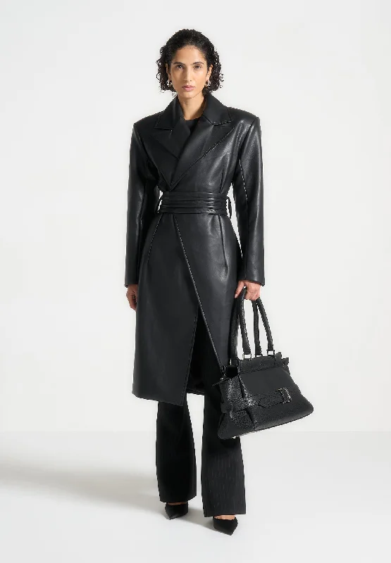 Knowledge And Elegance Leather Asymmetric Belted Coat - Black