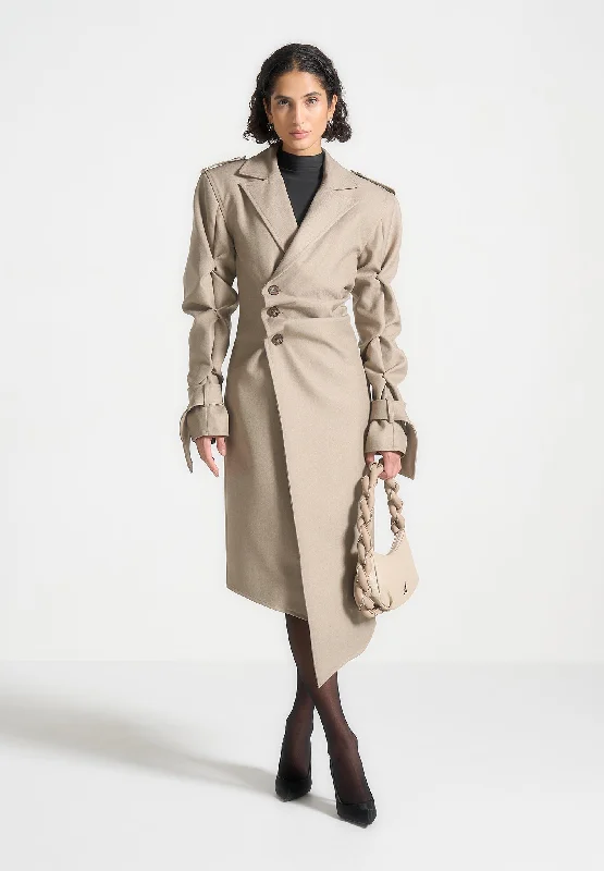Party Wear Tacked Sleeve Asymmetric Tailored Trench Coat - Beige