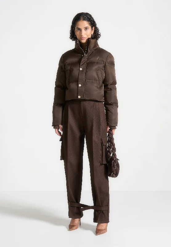Multi-functional style Nylon Eiffel Cropped Puffer Jacket - Brown