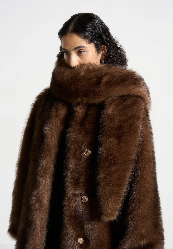 Printed pattern Fur Oversized Coat with Scarf - Brown