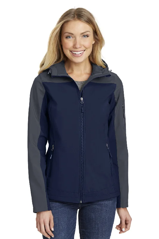 Elegant And Charming Port Authority Womens Core Wind & Water Resistant Full Zip Hooded Jacket - Dress Navy Blue/Battleship Grey