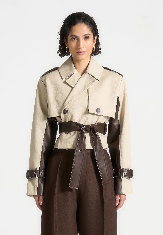 Low-key Luxury Cropped Trench Coat with Belt - Beige/Brown