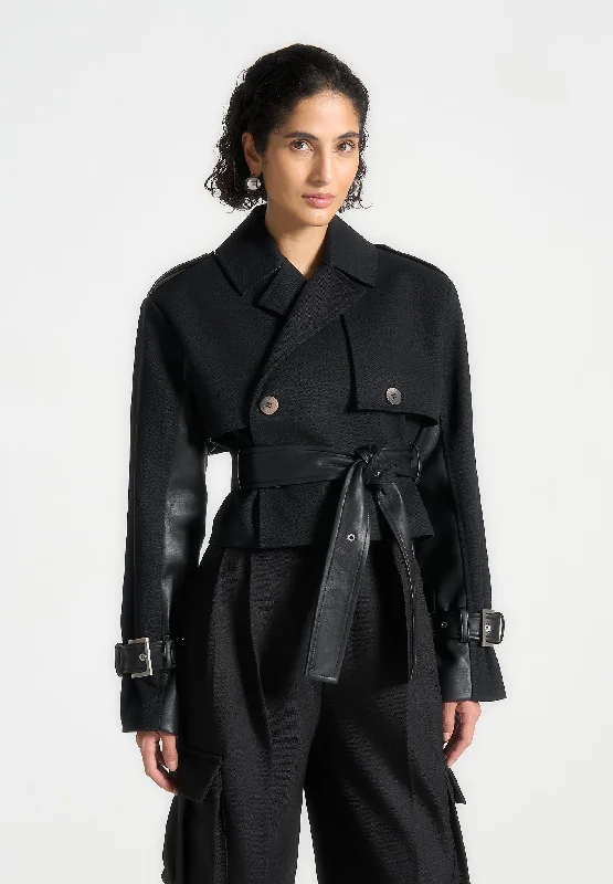 Playful Style Cropped Trench Coat with Belt - Black