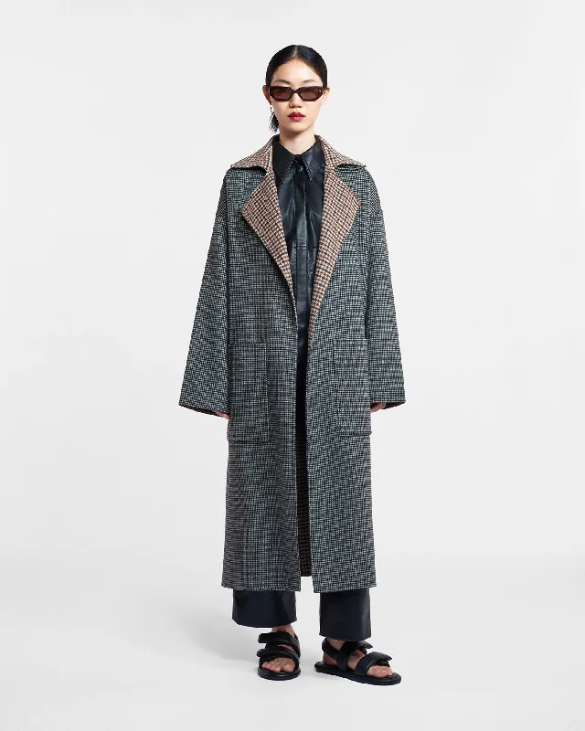 Lounge Chic Alamo - Wool Silk Blend Robe Coat - Reversible Check