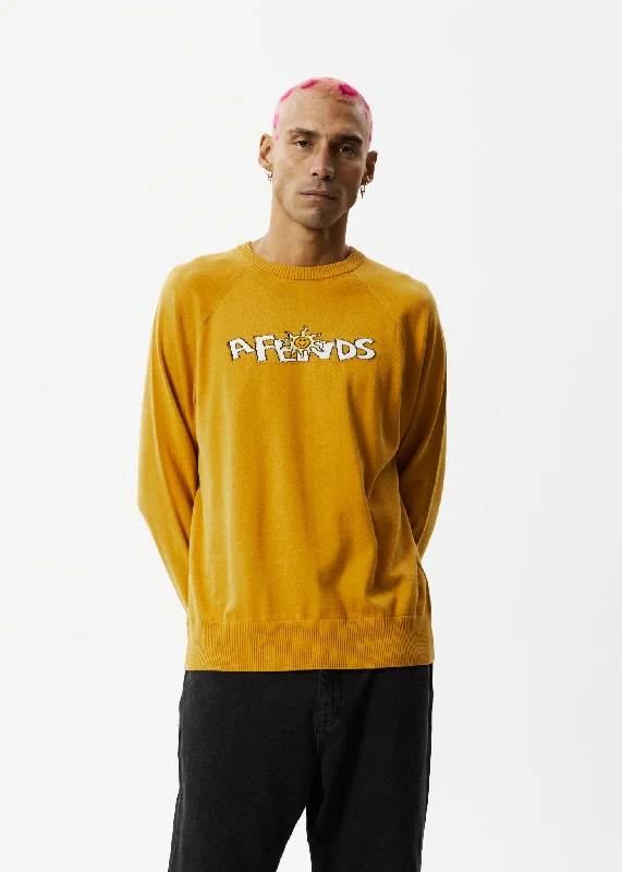 Street Fashion Style AFENDS Mens Farming - Knitted Crew Neck Jumper - Mustard