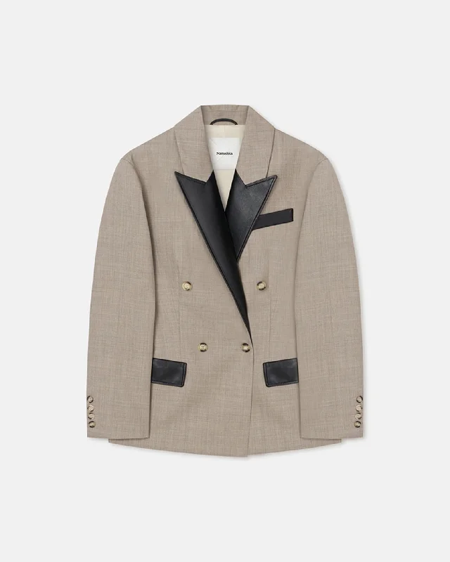 Sports High Waist Style Pacey - Cinched-Waist Leather And Twill-Suiting Blazer - Taupe/Black Sports High Waist Style Pacey - Cinched-Waist Leather And Twill-Suiting Blazer - Taupe/Black