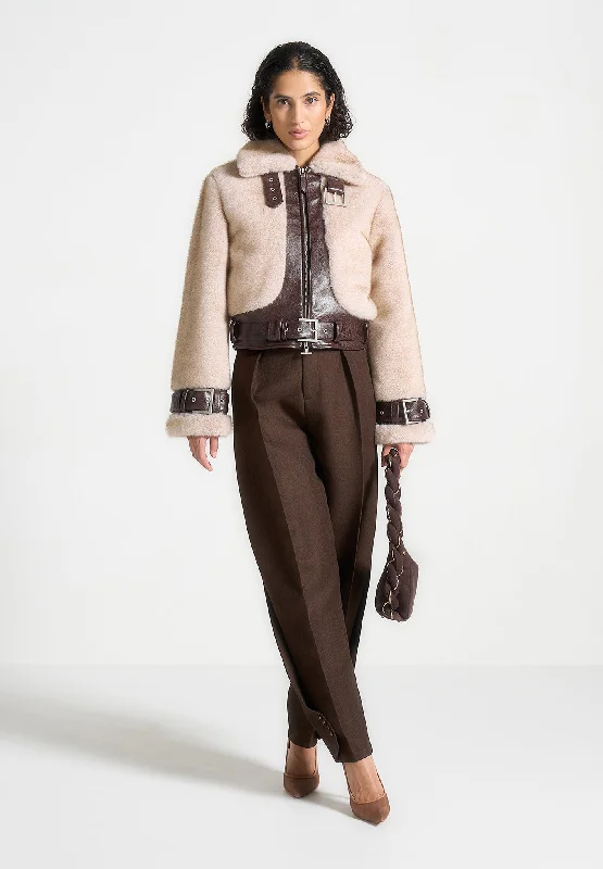 Comfortable And Simple Plush & Leather Belted Jacket - Beige/Brown