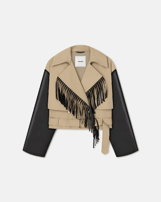 Comfortable Dresses Kazia - Fringed Twill and Regenerated Leather Jacket - Beige/Black Comfortable Dresses Kazia - Fringed Twill and Regenerated Leather Jacket - Beige/Black