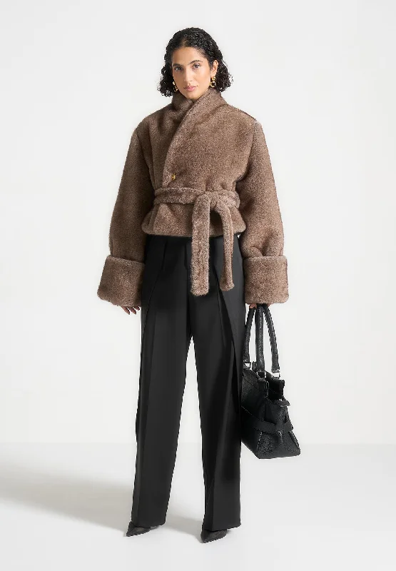 Moisture wicking Fur Kimono Tie Jacket - Brown