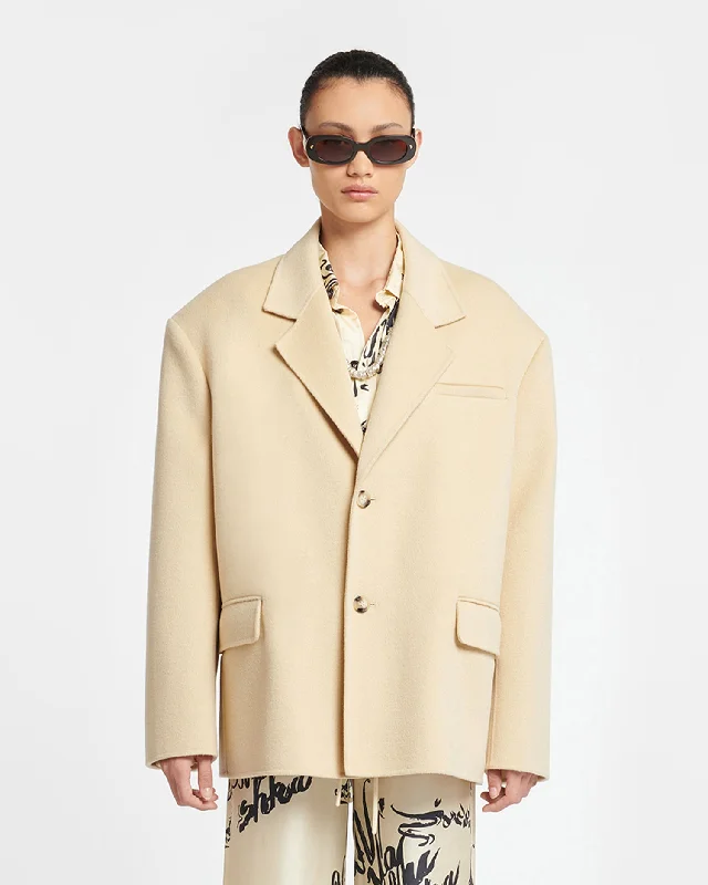 Soft Style Sea - Double Wool And Silk Blend Boxy Blazer - Creme