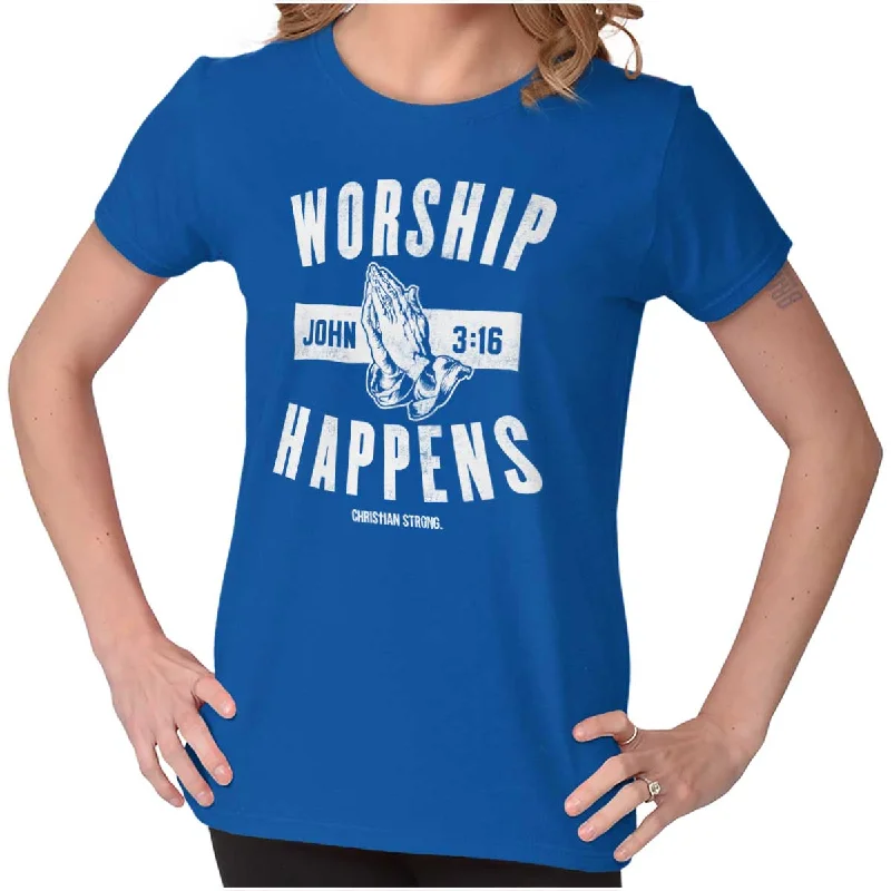 College Style Worship Happens Ladies T Shirt