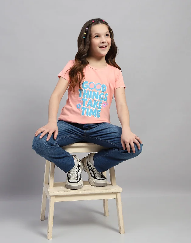 Retro Design Girls Green & Peach Printed Round Neck Half Sleeve T-Shirt (Pack of 2)