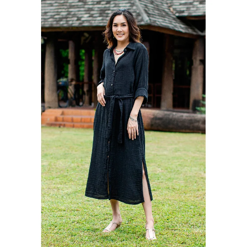 Noble And Elegant Novica Handmade Street Smarts In Black Cotton Shirtwaist Dress