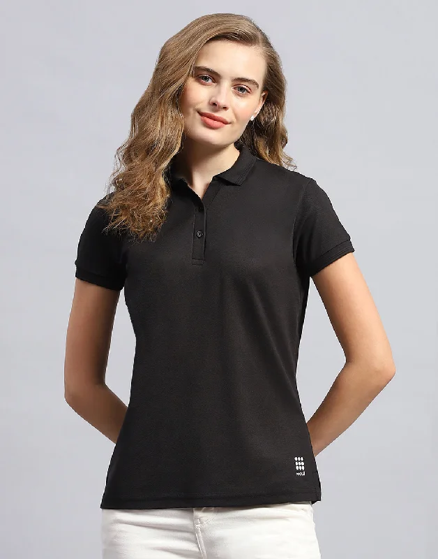 Street Fashion Style Women Black Solid Polo Collar Half Sleeve T-Shirt