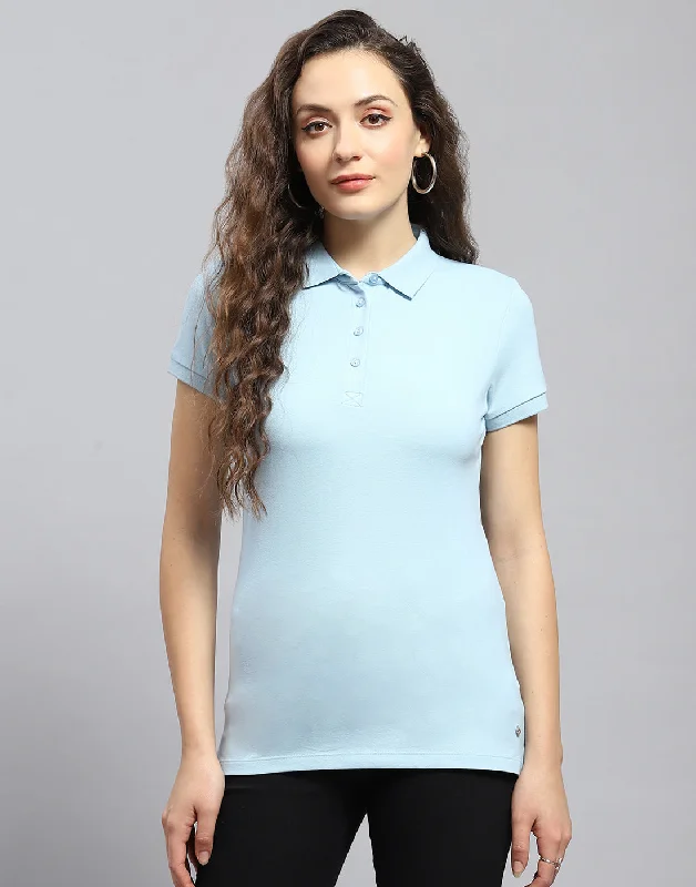 Printed pattern Women Blue Solid Polo Collar Half Sleeve T-Shirt