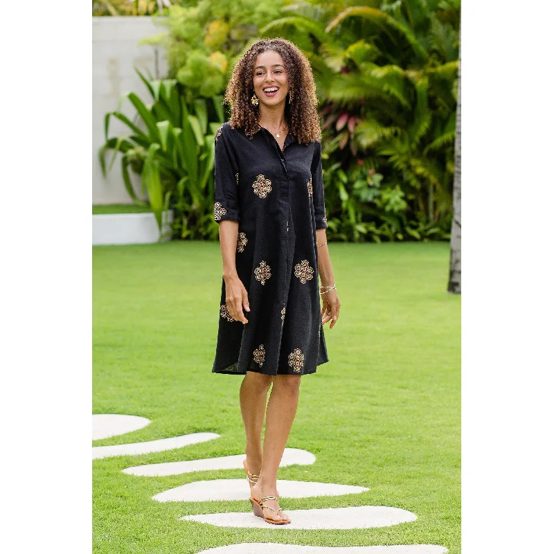 College Style Novica Handmade A Stich In Time In Black Block-Printed Shirt Dress