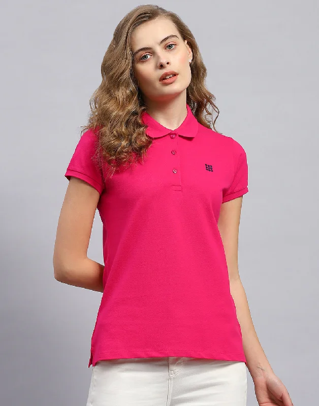 Sports Fitness Style Women Pink Solid Polo Collar Half Sleeve T-Shirt