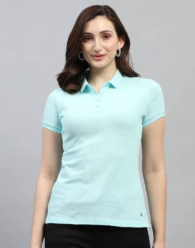 Modernism Women Aqua Blue Solid Polo Collar Half Sleeve T Shirt