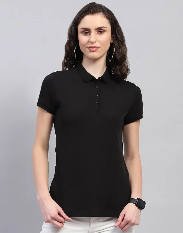 Fashion Pioneer Women Black Solid Polo Collar Half Sleeve T Shirt
