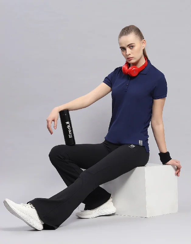 Retro Skirt Design Women Navy Blue Solid Polo Collar Half Sleeve T-Shirt