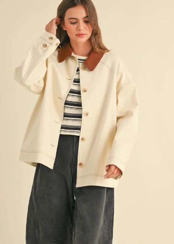 Letter embroidery Salem Cord Collar Barn Jacket - Beige & Brown