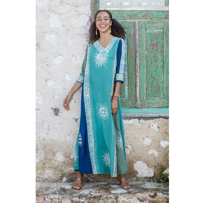 Comfortable And Casual Novica Handmade Vintage Teal Batik Batik Rayon Maxi Dress