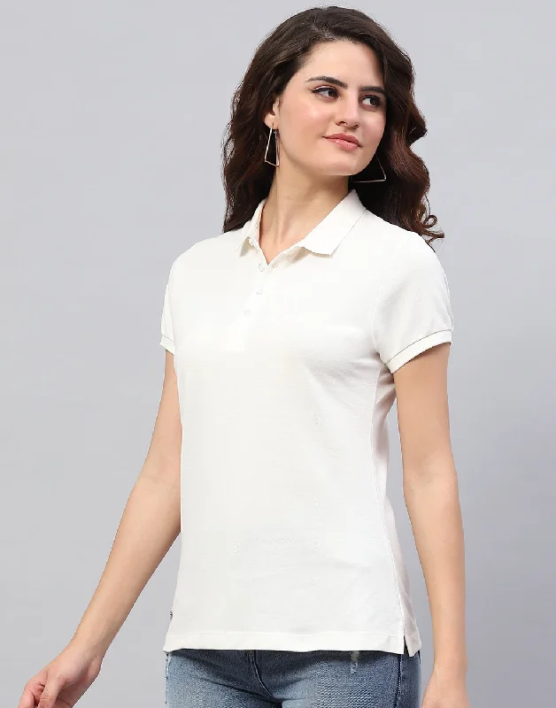 All-Day Wear Women Off White Solid Collar Half Sleeve T-Shirt