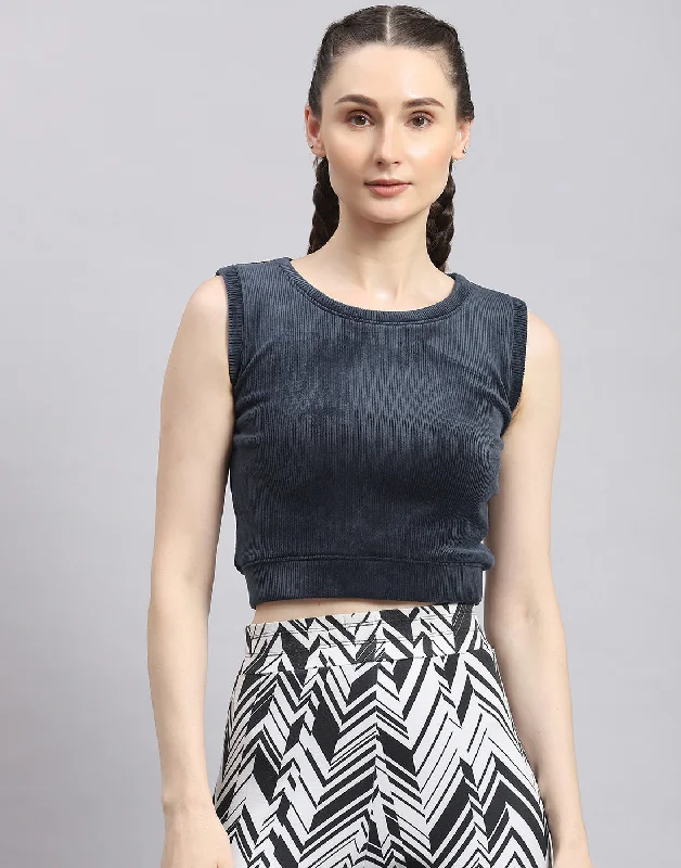 Personality Publicity Women Navy Blue Solid Round Neck Sleeveless Top