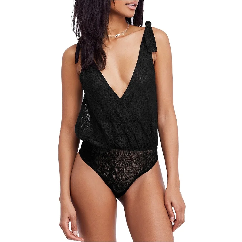 Printing decoration Free People Womens Plunging Thong Bodysuit Jumpsuit, Black, X-Small