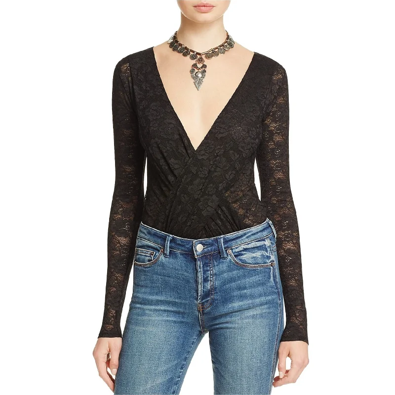 Fashion Must-have Free People Womens Sheer Faux-Wrap Bodysuit Jumpsuit, Black, X-Small
