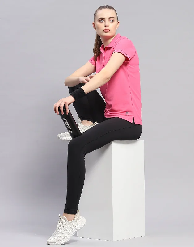 Comfortable Sweaters Women Pink Solid Polo Collar Half Sleeve T-Shirt