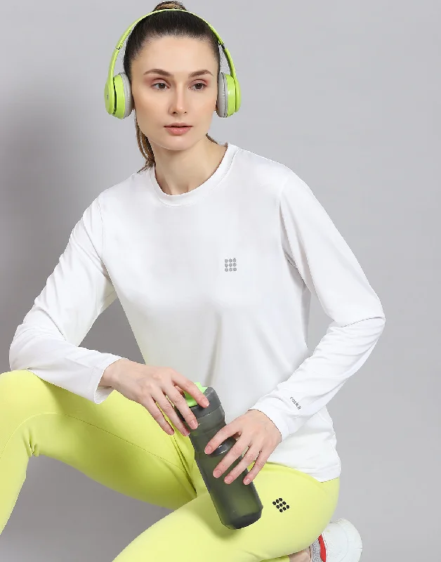 Comfy Pants Women White Solid Round Neck Full Sleeve Top