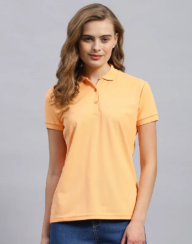 Soft Layers Women Orange Solid Polo Collar Half Sleeve T-Shirt