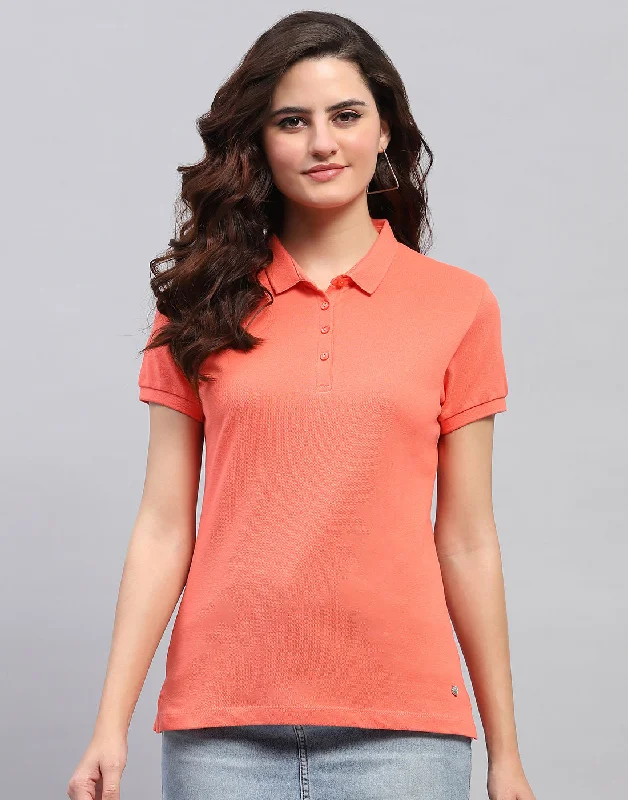 Comfy Pants Women Coral Solid Collar Half Sleeve T-Shirt