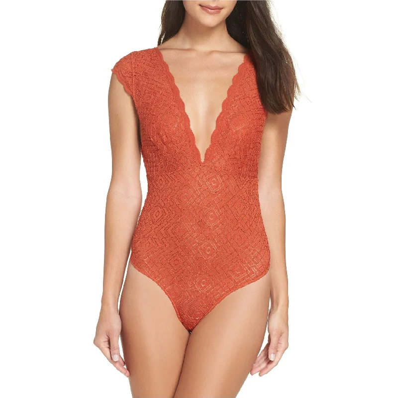 Cool Style Free People Womens Thong Lace Bodysuit Jumpsuit, Orange, Large