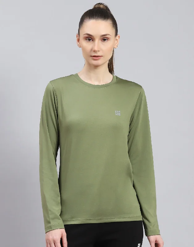 Sports Style Women Olive Solid Round Neck Full Sleeve Top