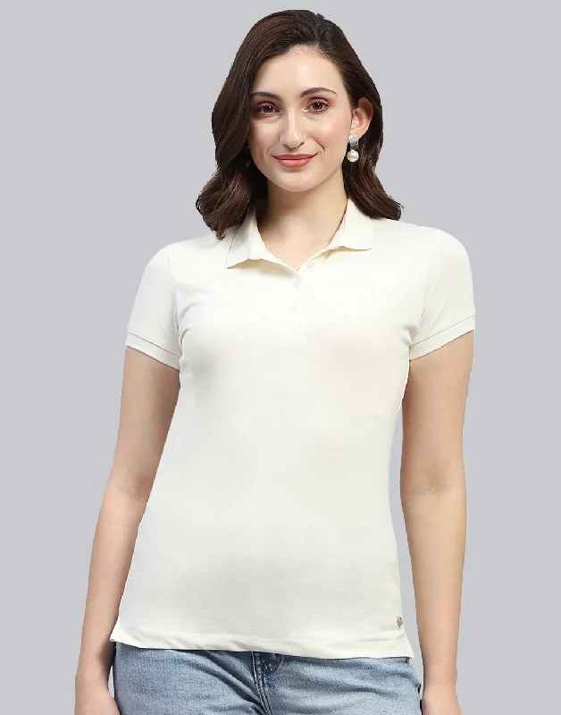 Minimal Classic Women Off White Solid Polo Collar Half Sleeve T Shirt