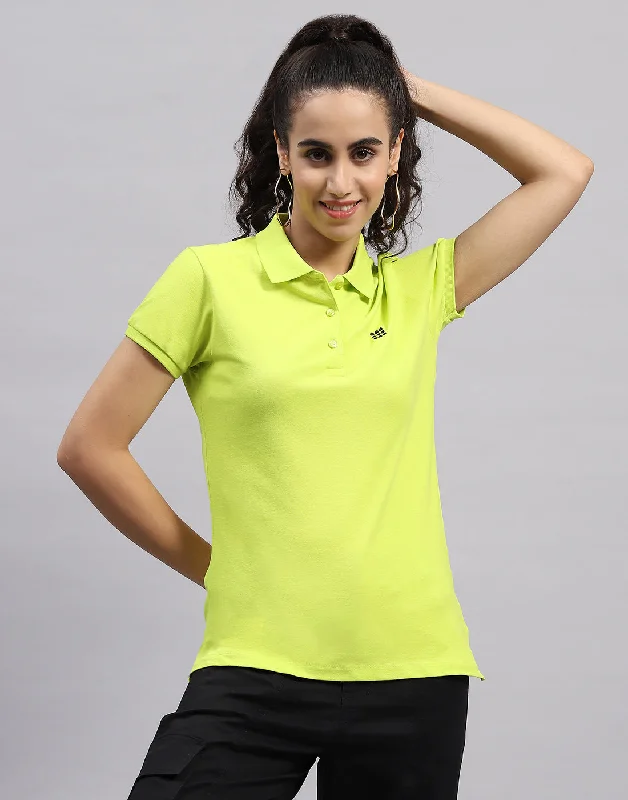 Cozy Dress Women Fluorescent Green Solid Polo Collar Half Sleeve T Shirt
